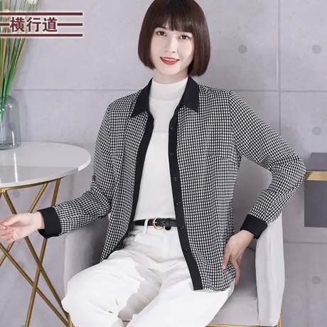 莫代尔衬衣外套冬装长袖休闲开衫外搭衬衫领撞色格子上衣女装外穿商品大图