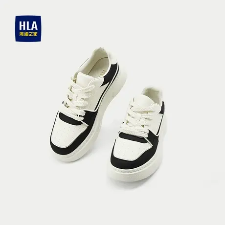 HLA/海澜之家抽绳系带休闲鞋25新轻便透气时尚黑色镶拼运动板鞋男商品大图