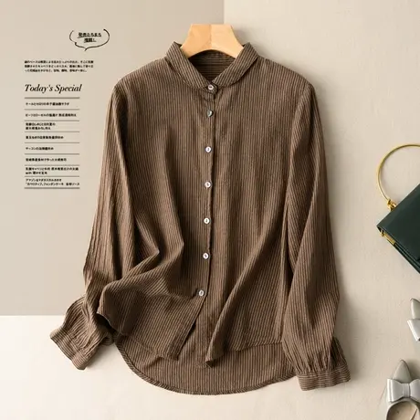 竖条纹全棉衬衫休闲复古娃娃领宽松显瘦衬衣春秋上衣2022秋季新款商品大图
