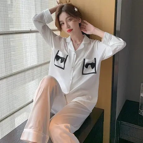 浪莎睡衣女春秋高级感冰丝长袖纯色套装夏季薄款蝴蝶结家居服套装商品大图