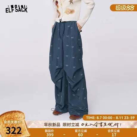 妖精的口袋蝴蝶结印花工装阔腿裤女2025早秋新款宽松直筒休闲裤子图片