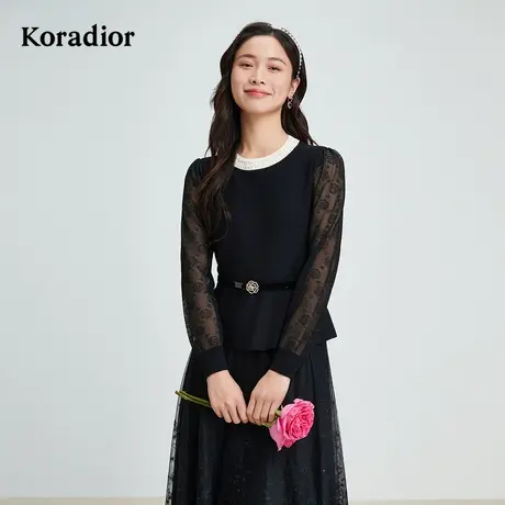 珂莱蒂尔Koradior秋款气质法式浪漫收腰针织衫玫瑰蕾丝上衣女商品大图