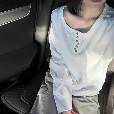 纽扣设计感小众长袖T恤女早秋宽松韩版内搭外穿打底衫白色上衣潮商品大图
