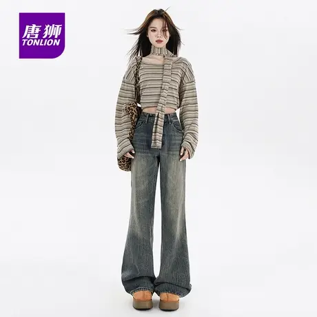 唐狮美式复古蓝高腰微喇牛仔裤女秋新款修身显瘦垂感水洗喇叭裤AX商品大图