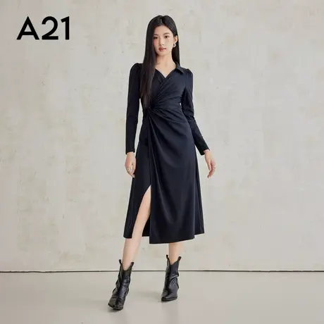 A21女装V领平肩长套头毛衫修身2025新款简约翻领针织连衣裙商品大图