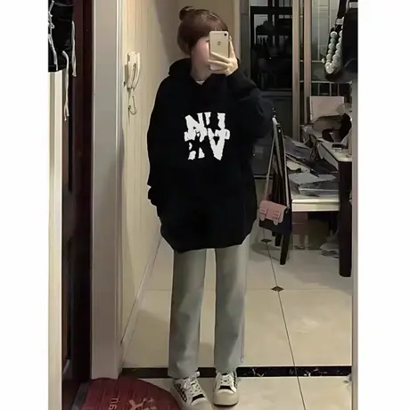 黑色连帽卫衣女早秋季2025慵懒风宽松美式复古上衣外套潮牌设计感商品大图