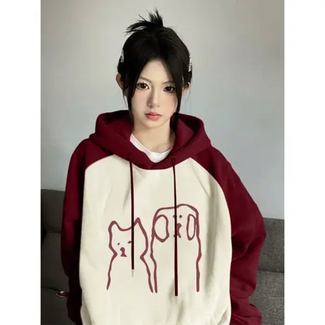 拼接撞色卡通连帽卫衣女春秋装百搭休闲宽松插肩袖学生上衣外套潮商品大图