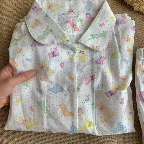 A类纯棉双层纱布蝴蝶结格纹猫猫短袖短裤套装可爱家居服可外穿商品大图