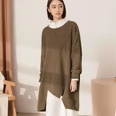 桔熊秋冬季宽松肌理感圆领不规则下摆中长款上衣女装大码AB18122商品大图
