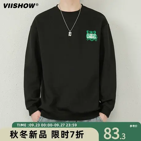 VIISHOW复古简约刺绣圆领卫衣男潮牌宽松港风休闲百搭打底衫上衣商品大图