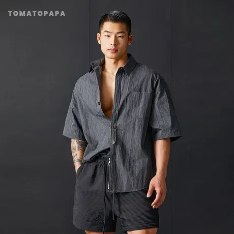 TOMATOPAPA衬衫2025年夏季美式复古男士牛仔衬衣外套水洗做旧短袖商品大图