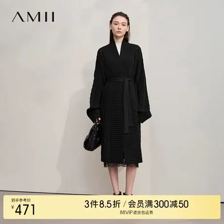Amii2025冬新款慵懒风翻领落肩袖搬针扭绳可拆腰带毛织开衫女上衣商品大图