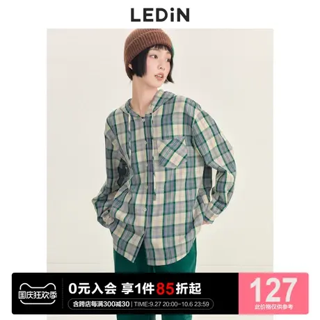 乐町连帽格子衬衫休闲冬季新款外套式衬衫女宽松设计感图片