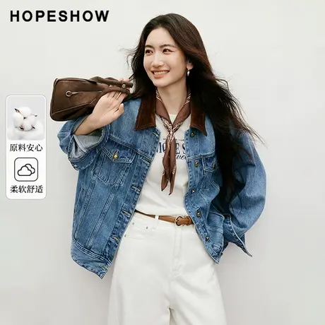 红袖2025秋季新款女装 复古水洗撞色灯芯绒翻领落肩长袖牛仔外套商品大图