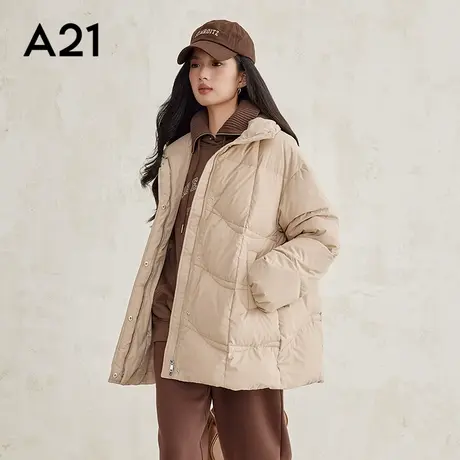 A21女装梭织立领落肩开襟羽绒服时尚保暖鸭绒显瘦中长款羽绒外套商品大图