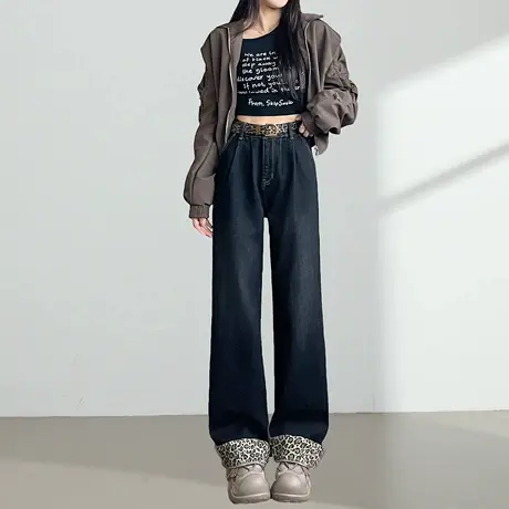 翻边豹纹阔腿牛仔裤女秋季高腰显瘦美式复古窄版直筒黑灰色长裤子图片