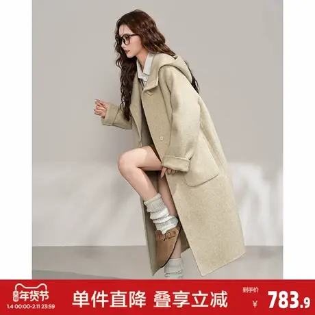 唐狮2026秋冬季女休闲呢大衣超好看时尚百搭连帽燕麦色温柔气质风图片