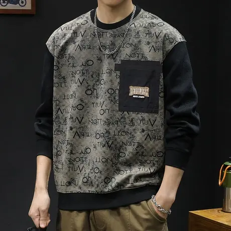 潮牌卫衣男秋冬款圆领男款重磅撞色贴袋衣服秋季2023新款长袖大码商品大图