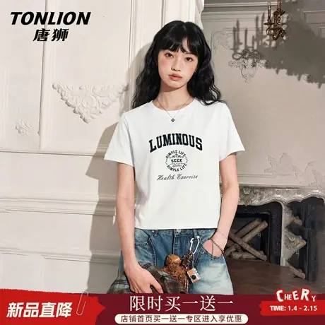 唐狮官方纯棉短袖t恤女2026新款春夏美式宽松短款半袖印花上衣VC图片