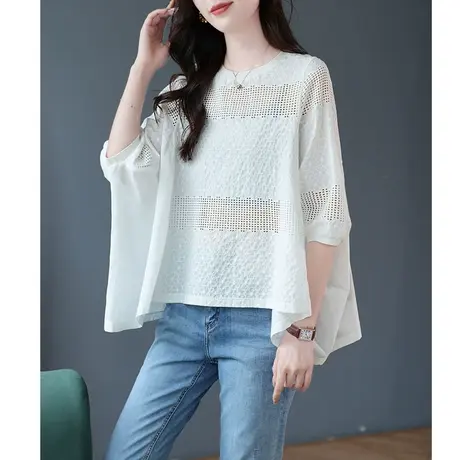 宝诗黎圆领五分蝙蝠袖镂空T恤2023夏季新款小众上衣纯色宽松女装商品大图