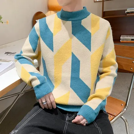 秋冬季男士毛衣加厚款青少年学生大童半高领潮流针织衫保暖羊毛衫商品大图