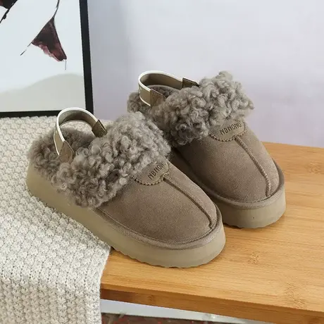 雪地靴厚底女2023新款冬季皮毛一体加绒松糕跟甜美包头拖鞋棉鞋潮商品大图