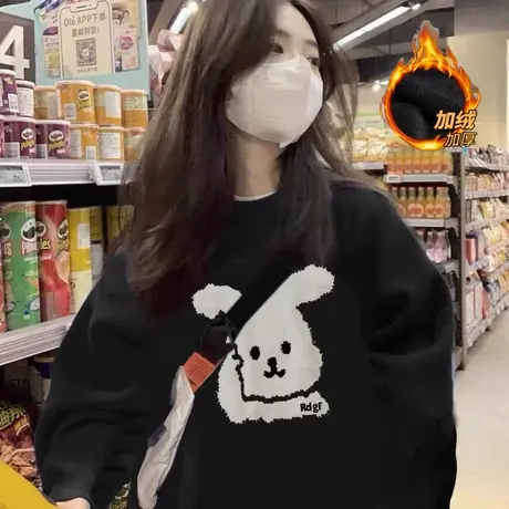 值得入手！慵懒风复古套头卫衣女设计感小众宽松印花简约上衣外套图片