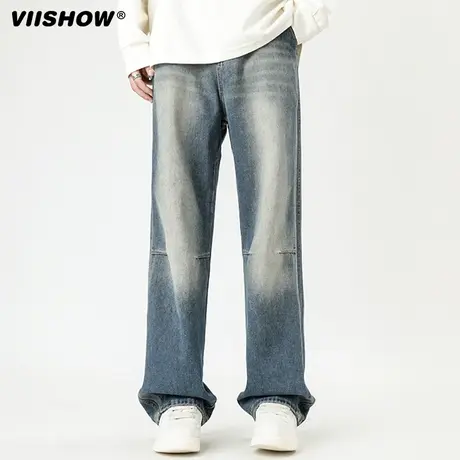 VIISHOW美式复古高街hiphop牛仔裤男春秋季宽松直筒阔腿拖地长裤商品大图