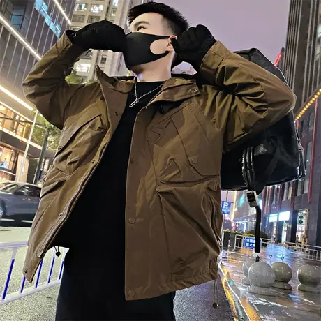 连帽工装口袋冲锋衣加棉外套男冬季新款潮牌户外机能加厚棉衣夹克图片