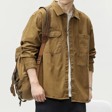 潮流工装衬衫外套纯色百搭衬衫高级感长袖衬衫男款百搭痞帅衬衣图片