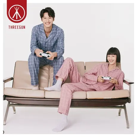 三枪家居套男女纯棉格纹秋冬长袖长裤全棉休闲可外穿情侣睡衣套装商品大图