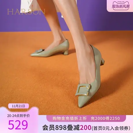 哈森秋季新品尖头粗跟女鞋金属饰扣通勤浅口工作单鞋HS237159商品大图
