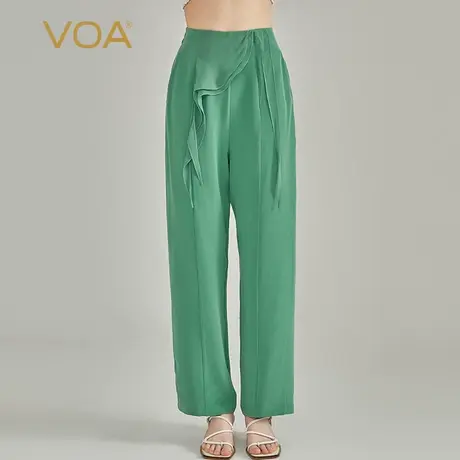 VOA云杉绿30姆米重磅砂洗真丝后松紧自然腰侧口袋垂顺真丝阔腿裤图片