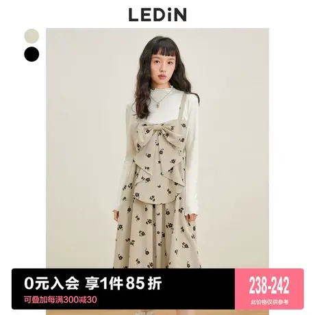 乐町蝴蝶结背带裙2023春季正反两穿温柔黑色奶咖吊带连衣裙商品大图