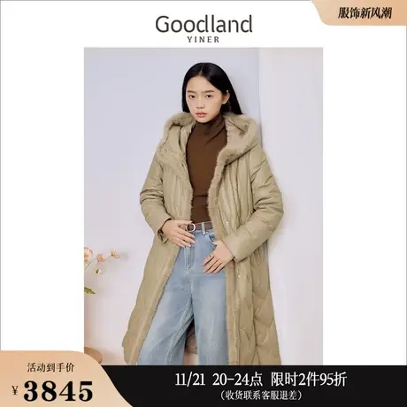 Goodland美地女装2023冬季连帽貂条装饰长款绵羊皮羽绒服图片
