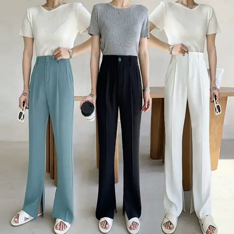 冰丝西装裤女夏季薄款设计感小众直筒侧开叉休闲黑色阔腿拖地裤子商品大图