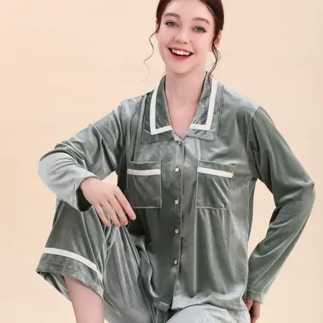 2023年新款金丝绒睡衣女春秋季珊瑚绒家居服女秋冬海岛绒保暖套装商品大图