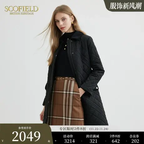 Scofield女装英式菱格纹中长款棉服气质外套2023秋冬新款商品大图