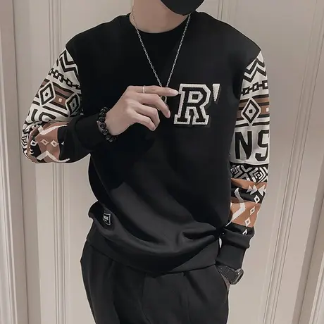 秋季男拼色卫衣t恤打底衫上衣长袖学生修身潮牌潮流休闲百搭外套图片