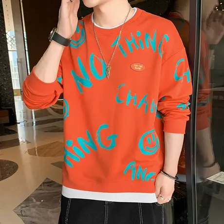 潮流T恤男长袖圆领卫衣韩版潮流假两件打底衫潮牌春秋新款打底衫商品大图