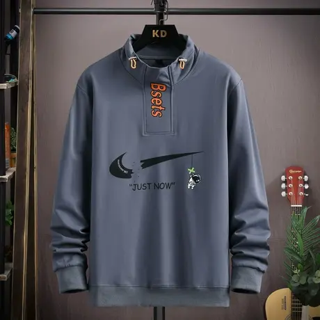 长袖t恤男秋季新款宽松打底衫潮牌字母印花立领卫衣男装上衣服ins商品大图