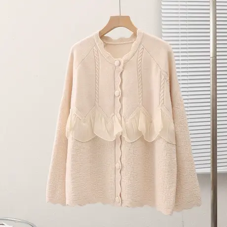 开衫女2023秋装新款韩版宽松小香风纯色拼接雪纺毛衣外套女士上衣商品大图