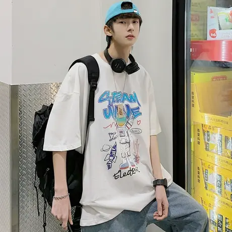 港风短袖T恤男潮流ins夏季太空印花半袖潮牌冰丝打底白色宽松体恤商品大图