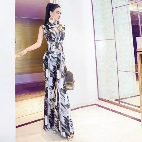 VJE欧美风印花无袖修身连体裤女夏季新款气质挂脖连身阔腿裤图片