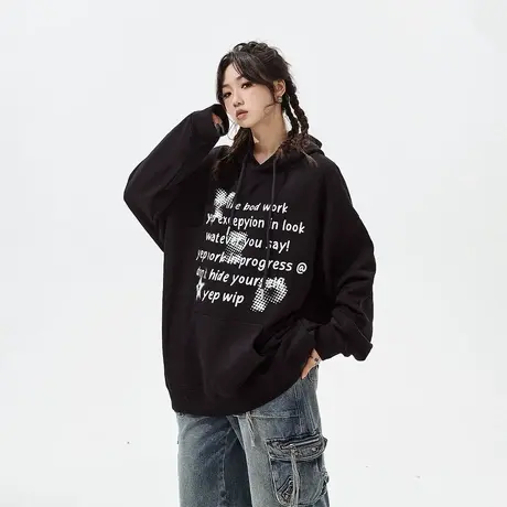 YEP黑色连帽卫衣女春秋2024年新款潮牌复古宽松oversize外套上衣商品大图