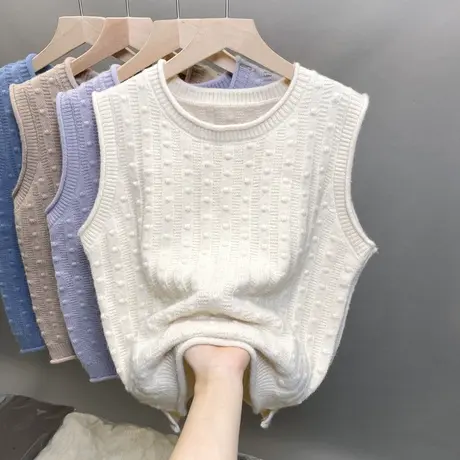 2023秋新款马甲背心外套坎肩针织衫女士毛衣卷边圆领宽松马夹外穿图片