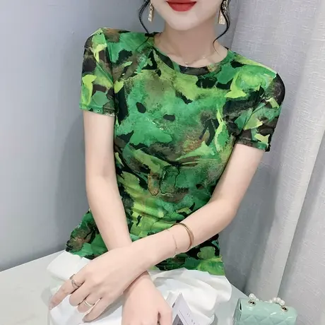 扎染打底衫女短袖2024夏季新款时尚网纱T恤潮流洋气圆领修身上衣商品大图