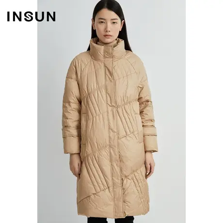 恩裳奥莱冬季条纹立领宽松中长款加厚白鹅绒羽绒服图片