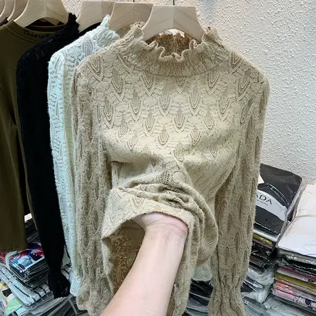 气质蕾丝衫女春装2024新款性感镂空洋气上衣内搭修身半高领打底衫图片