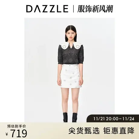 DAZZLE地素 奥莱法式复古撞色花边领短款提花针织衫上衣女商品大图